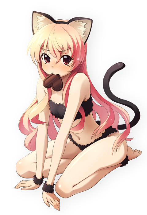 oryo (oryo04), louise francoise le blanc de la valliere, zero no tsukaima, bad id, bad pixiv id, 00s, 1girl, animal ears, barefoot, bikini, black bikini, brown eyes, candy, cat ears, cat tail, chocolate, chocolate heart, female focus, food, full body, heart, kneeling, long hair, mouth hold, pink hair, simple background, sitting, solo, swimsuit, tail, white background