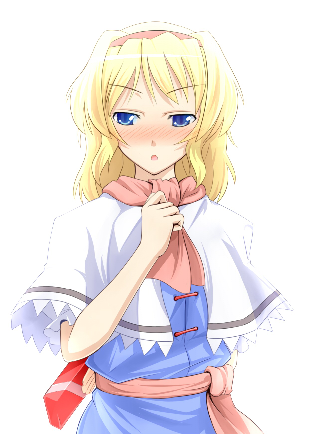 batsu, alice margatroid, touhou, 1girl, blonde hair, blue eyes, blush, female focus, gift, hairband, scarf, simple background, solo, standing, valentine, white background