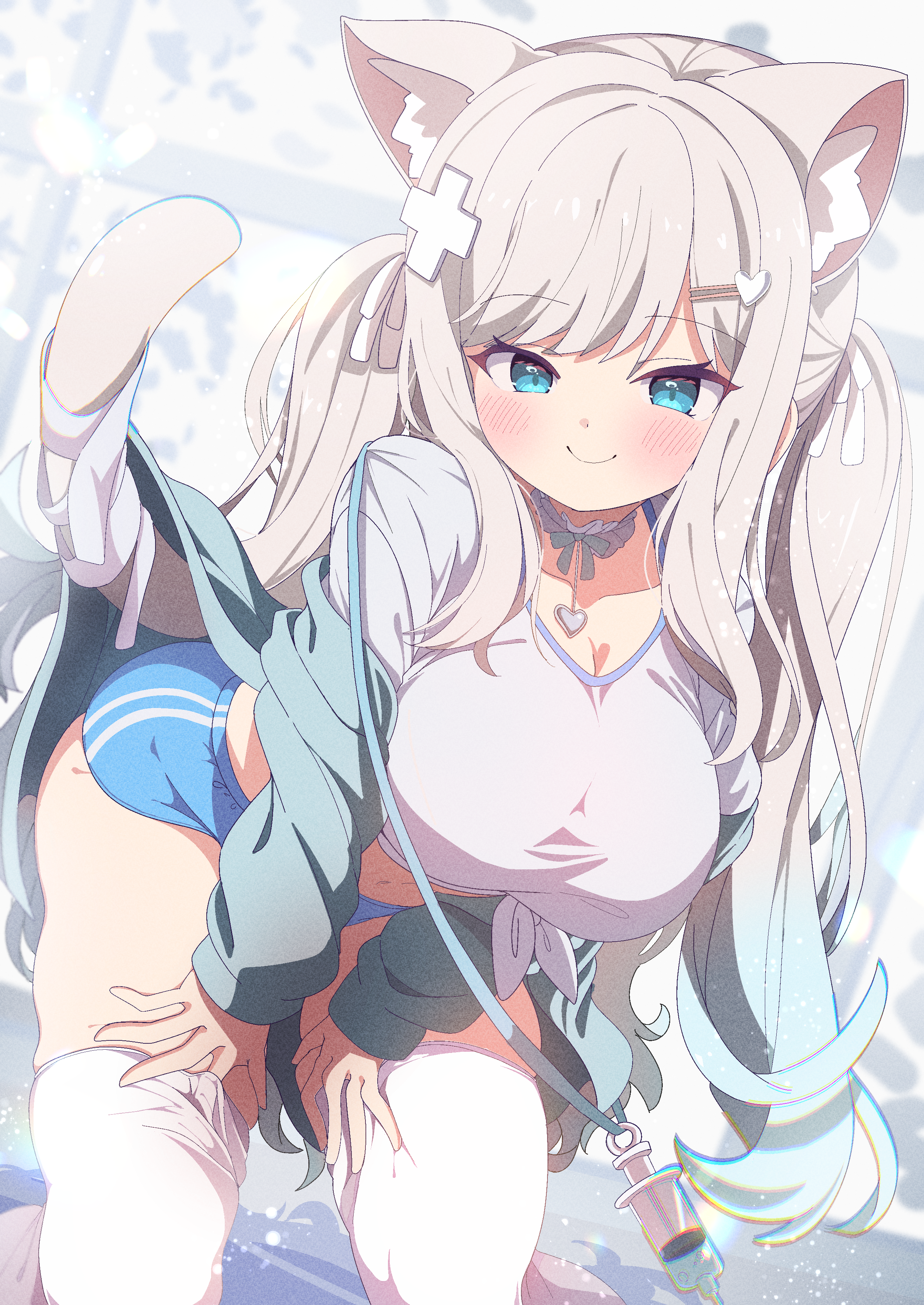 shiro9jira, original, absurdres, commission, highres, skeb commission, 1girl, animal ear fluff, animal ears, aqua hair, blue eyes, blue shorts, blush, breasts, brown hair, cat ears, cat tail, cleavage, closed mouth, gradient hair, green jacket, gym uniform, hair ornament, hands on own thighs, jacket, large breasts, leaning forward, long hair, long sleeves, looking at viewer, multicolored hair, shirt, short shorts, shorts, sidelocks, smile, solo, standing, tail, thighhighs, two-tone hair, very long hair, white shirt, white thighhighs, x hair ornament