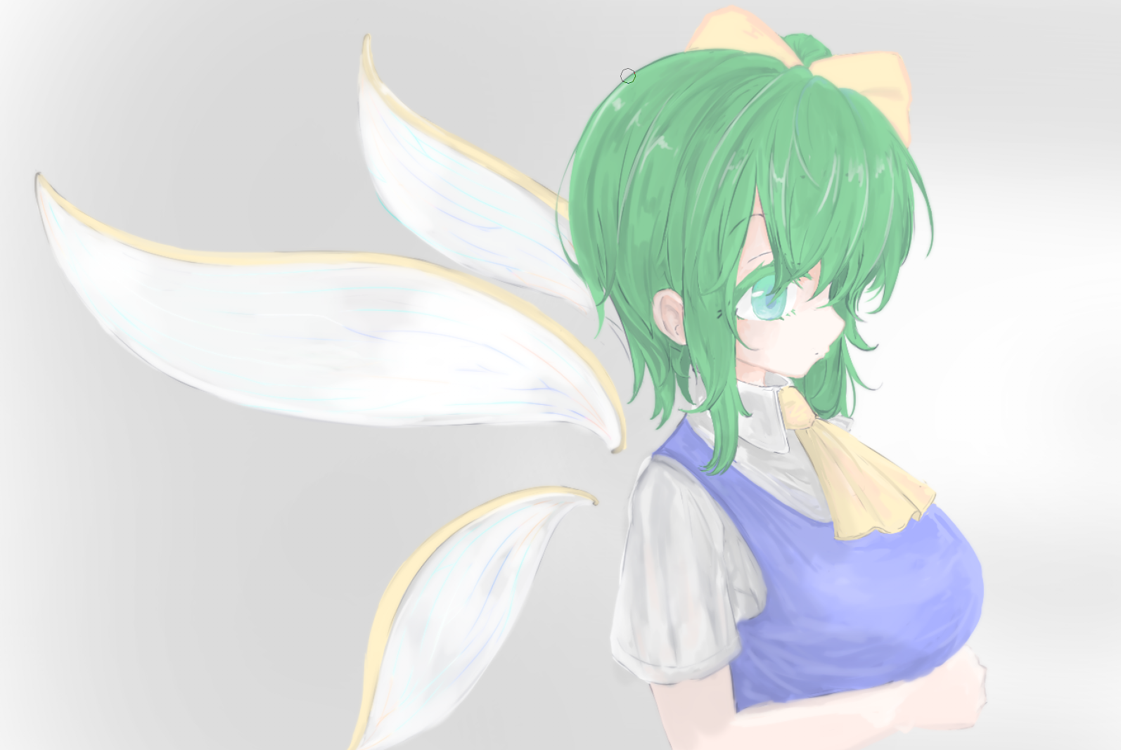 daiyousei, touhou, commentary request, partial commentary, 1girl, aqua eyes, arm under breasts, ascot, blue vest, bow, breasts, cropped torso, detached wings, fairy, fairy wings, green hair, grey background, hair bow, large breasts, looking ahead, multiple wings, nemo (geronpa-mnt), one side up, shirt, short sleeves, simple background, solo, upper body, vest, white shirt, wings, yellow ascot, yellow bow