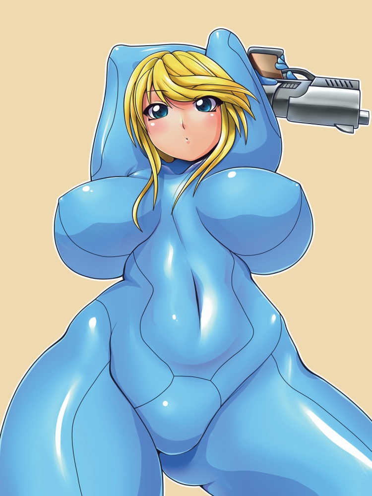 kuma (kumahoihoi), samus aran, metroid, nintendo, 1girl, alternate breast size (larger), arms behind back, blonde hair, blue eyes, bodysuit, breasts, curvy, female focus, gun, huge breasts, solo, weapon, zero suit