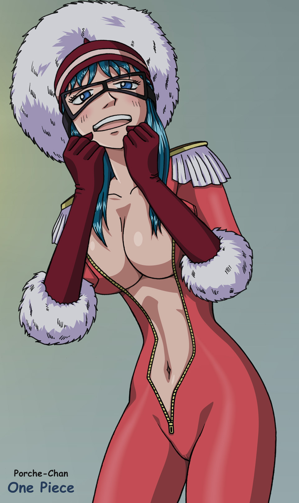 porche (one piece), one piece, highres, 1girl, blue eyes, blue hair, bodysuit, breasts, character name, cleavage, copyright name, cowboy shot, female focus, goggles, hat, large breasts, mask, matching hair/eyes, no bra, pointy nose, skin tight, solo, standing, unzipped, zipper
