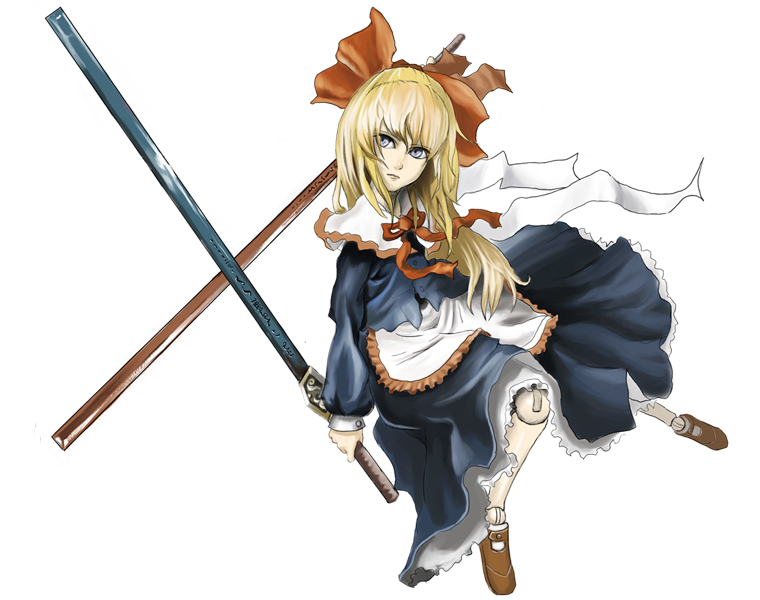 ross (clumzero), shanghai doll, touhou, 1girl, blonde hair, blue eyes, doll, doll joints, dress, female focus, full body, joints, ribbon, simple background, solo, sword, weapon, white background