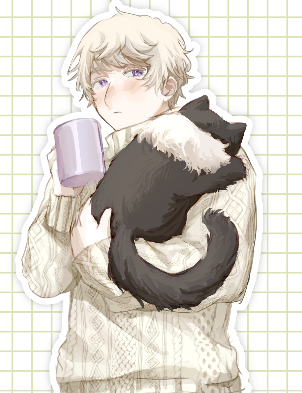russia (hetalia), axis powers hetalia, commentary request, highres, 1boy, animal, animal ears, animalization, black cat, black fur, blush, cat, cat ears, cat tail, checkered background, closed mouth, cup, hands up, harutoro 39487, holding, holding animal, holding cup, long sleeves, looking at viewer, male focus, person and animalization, pet, puffy long sleeves, puffy sleeves, purple eyes, short hair, sweater, tail, turtleneck, turtleneck sweater, upper body, white background, white hair, white sweater