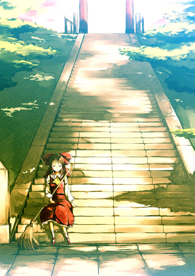 mishima hiroji, hakurei reimu, touhou, 1girl, bow, broom, brown hair, closed eyes, detached sleeves, female focus, hair bow, japanese clothes, mary janes, miko, shoes, sitting, solo, stairs, sunlight, torii