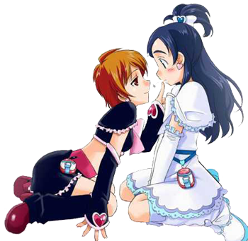 misumi nagisa, yukishiro honoka, futari wa precure, precure, lowres, 00s, 2girls, black hair, blush, dress, finger to mouth, long hair, multiple girls, orange hair, seductive smile, short hair, smile, transparent background, yuri