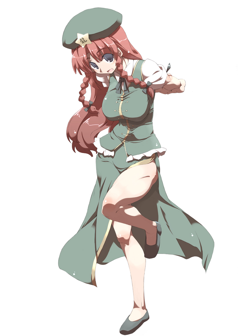 tokyo (great akuta), hong meiling, embodiment of scarlet devil, touhou, 1girl, beret, braid, breasts, female focus, full body, hat, long hair, simple background, skirt, smile, solo, star (symbol), twin braids, white background