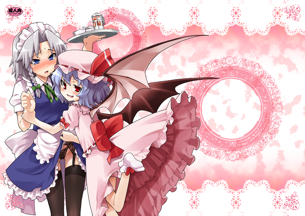 gengorou, izayoi sakuya, remilia scarlet, touhou, bad id, bad pixiv id, 2girls, bat wings, clothes lift, female focus, garter belt, maid, multiple girls, panties, pussy juice, skirt, skirt lift, tears, thighhighs, underwear, white background, wings