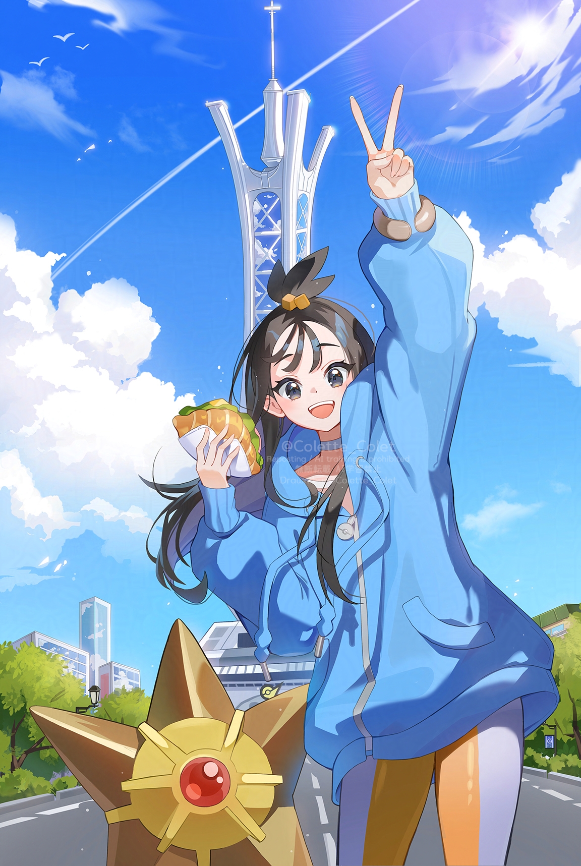 coletta (colet colettia), lida (pokemon), staryu, nintendo, pokemon, pokemon legends: z-a, highres, 1girl, bird, black hair, blue hoodie, blue sky, blush, building, cloud, cube hair ornament, food, gen 1 pokemon, grey eyes, hair ornament, holding, holding food, hood, hood down, hoodie, leggings, long hair, long sleeves, looking at viewer, lumiose city, open mouth, orange leggings, outdoors, pokemon (creature), prism tower, sandwich, shirt, sky, smile, teeth, topknot, tree, two-tone legwear, upper teeth only, v, white leggings, wispy bangs