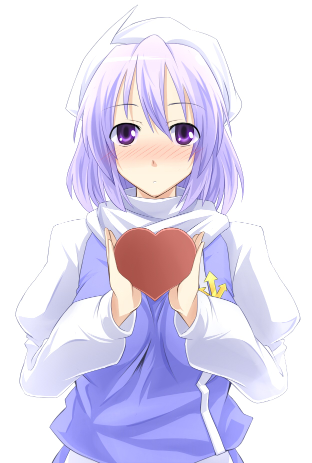 batsu, letty whiterock, touhou, 1girl, blush, female focus, gift, hat, heart, purple eyes, purple hair, simple background, solo, standing, valentine, white background