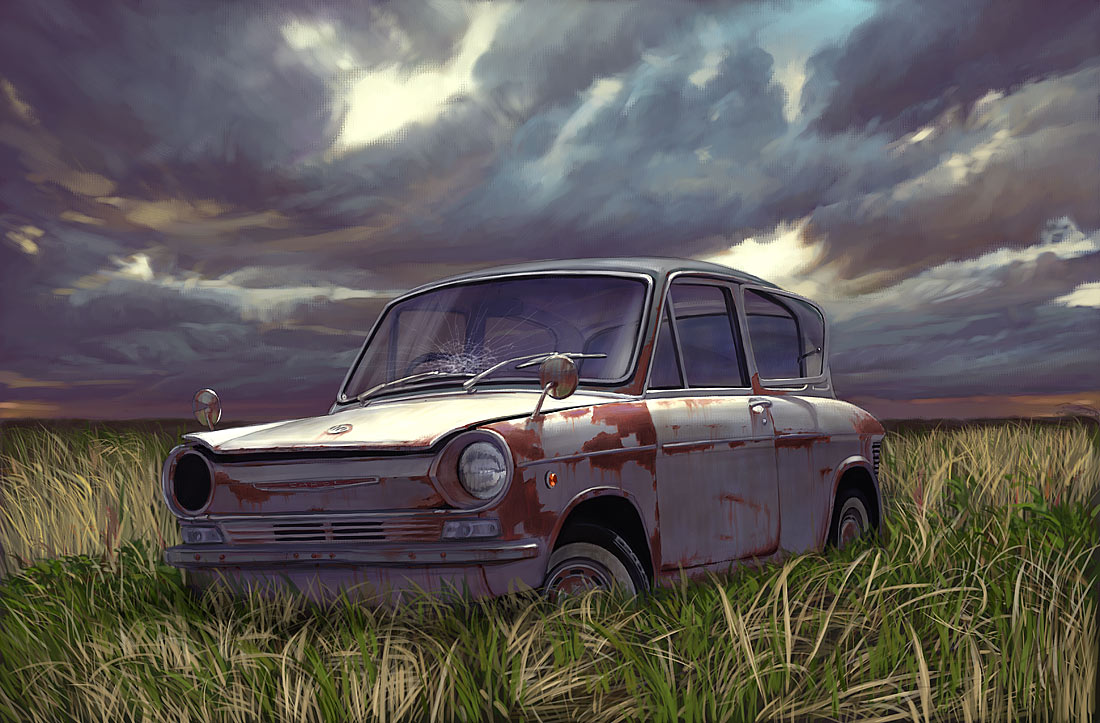 ilmizu, car, grass, mazda carol, motor vehicle, realistic, scenery, vehicle focus