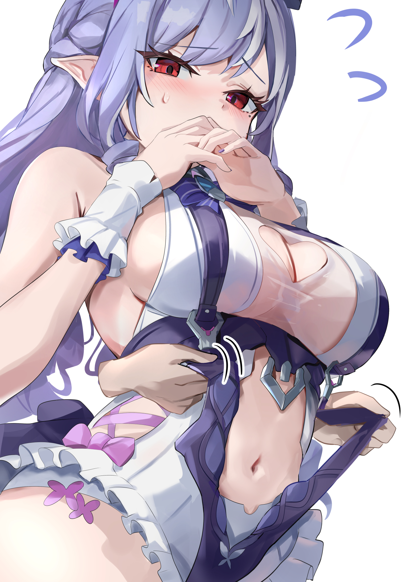tomas (kaosu22), vivian banshee, vivian banshee (iris of the shore), zenless zone zero, highres, 1girl, 1other, blush, breasts, clothes pull, clothing cutout, covering own mouth, disembodied hand, drill hair, hands up, heart cutout, large breasts, long hair, mole, mole under eye, navel, one-piece swimsuit, pointy ears, purple hair, red eyes, simple background, solo focus, stomach, stomach cutout, sweatdrop, swimsuit, white background, white one-piece swimsuit, wrist cuffs