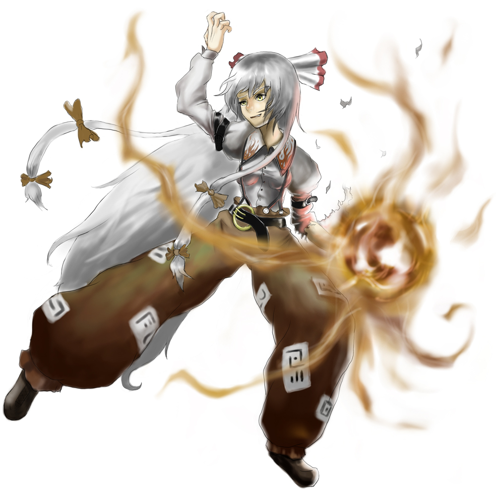ross (clumzero), fujiwara no mokou, touhou, bad id, bad pixiv id, 1girl, female focus, fire, full body, grin, ribbon, smile, solo, spread legs, white background, white hair, yellow eyes