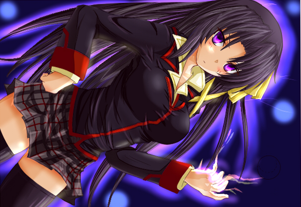 sato toshiya, kurugaya yuiko, little busters!, bad id, bad pixiv id, black hair, long hair, plaid clothes, plaid skirt, skirt, solo, thighhighs, zettai ryouiki