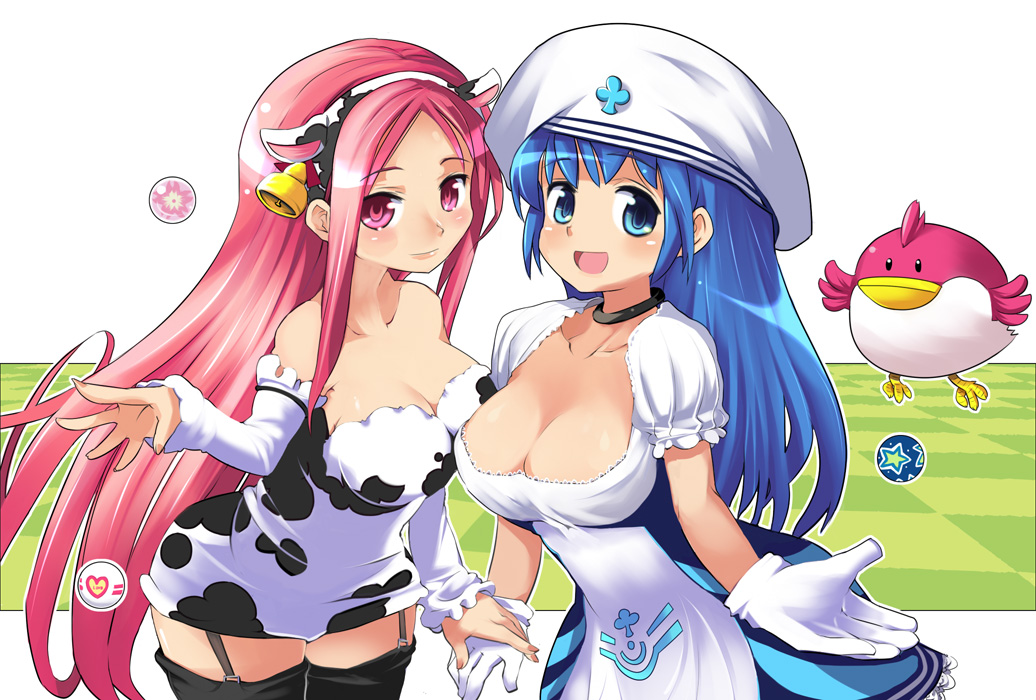sasago kaze, arin (pangya), lucia, lucia (pangya), pangya, 2girls, animal ears, animal print, ball, bell, blue eyes, blue hair, breasts, choker, cleavage, cow ears, cow print, cowbell, detached sleeves, gloves, happy, large breasts, long hair, medium breasts, multiple girls, pink eyes, pink hair, smile, thighhighs
