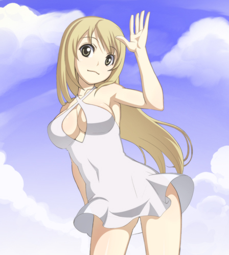 caryo, nanashino, minami haruka, minami-ke, lowres, 00s, 1girl, breasts, cleavage, cleavage cutout, clothing cutout, cloud, day, dress, female focus, large breasts, smile, solo, waving