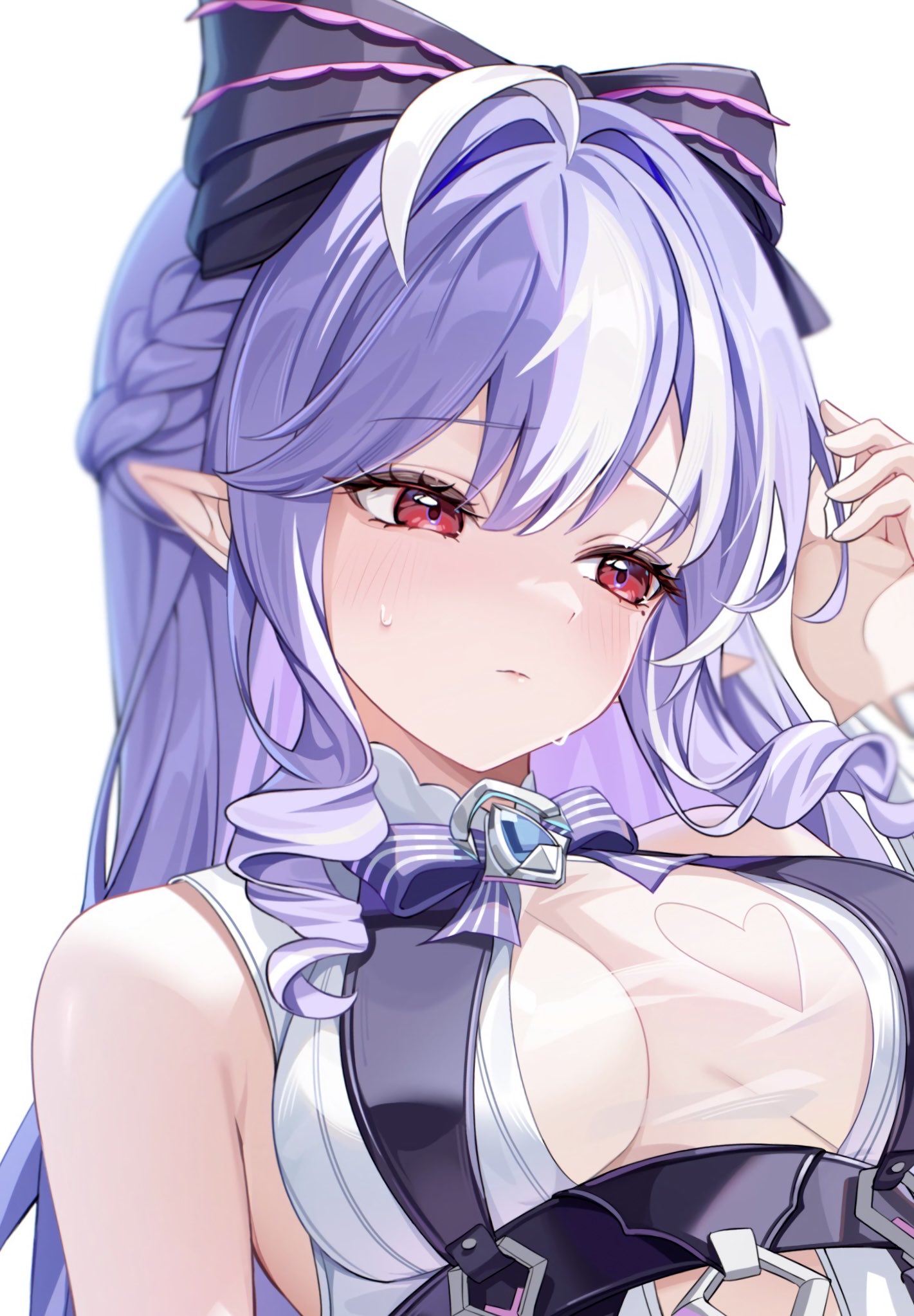 aida noa, vivian banshee, vivian banshee (iris of the shore), zenless zone zero, commentary request, highres, 1girl, bare shoulders, black bow, blue eyes, blue gemstone, bow, bowtie, breasts, clothing cutout, drill hair, frilled one-piece swimsuit, frilled wrist cuffs, frills, gem, hair bow, hand in own hair, heart cutout, long hair, looking to the side, mole, mole under eye, one-piece swimsuit, pointy ears, purple bow, purple bowtie, purple hair, red eyes, see-through clothes, sideboob cutout, simple background, solo, stomach cutout, swimsuit, two-tone one-piece swimsuit, upper body, white background, wrist cuffs