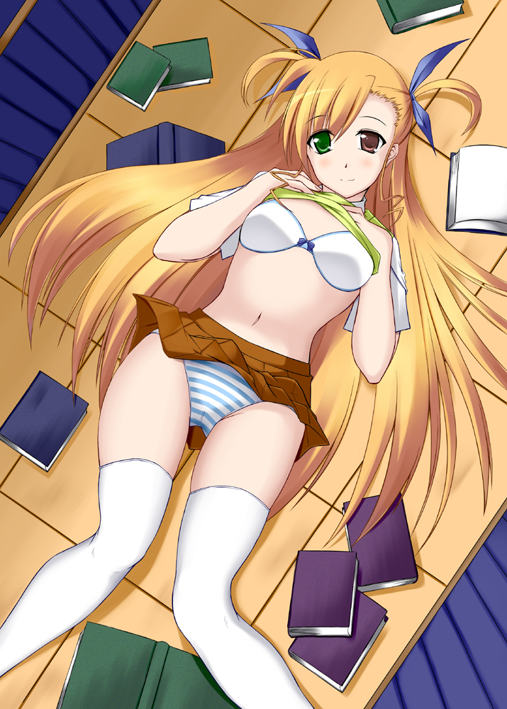 sakura yuu, vivio, lyrical nanoha, mahou shoujo lyrical nanoha, mahou shoujo lyrical nanoha strikers, 00s, 1girl, aged up, blonde hair, blush, book, bra, clothes lift, female focus, heterochromia, lingerie, long hair, lying, panties, school uniform, shirt lift, solo, striped clothes, striped panties, thighhighs, underwear