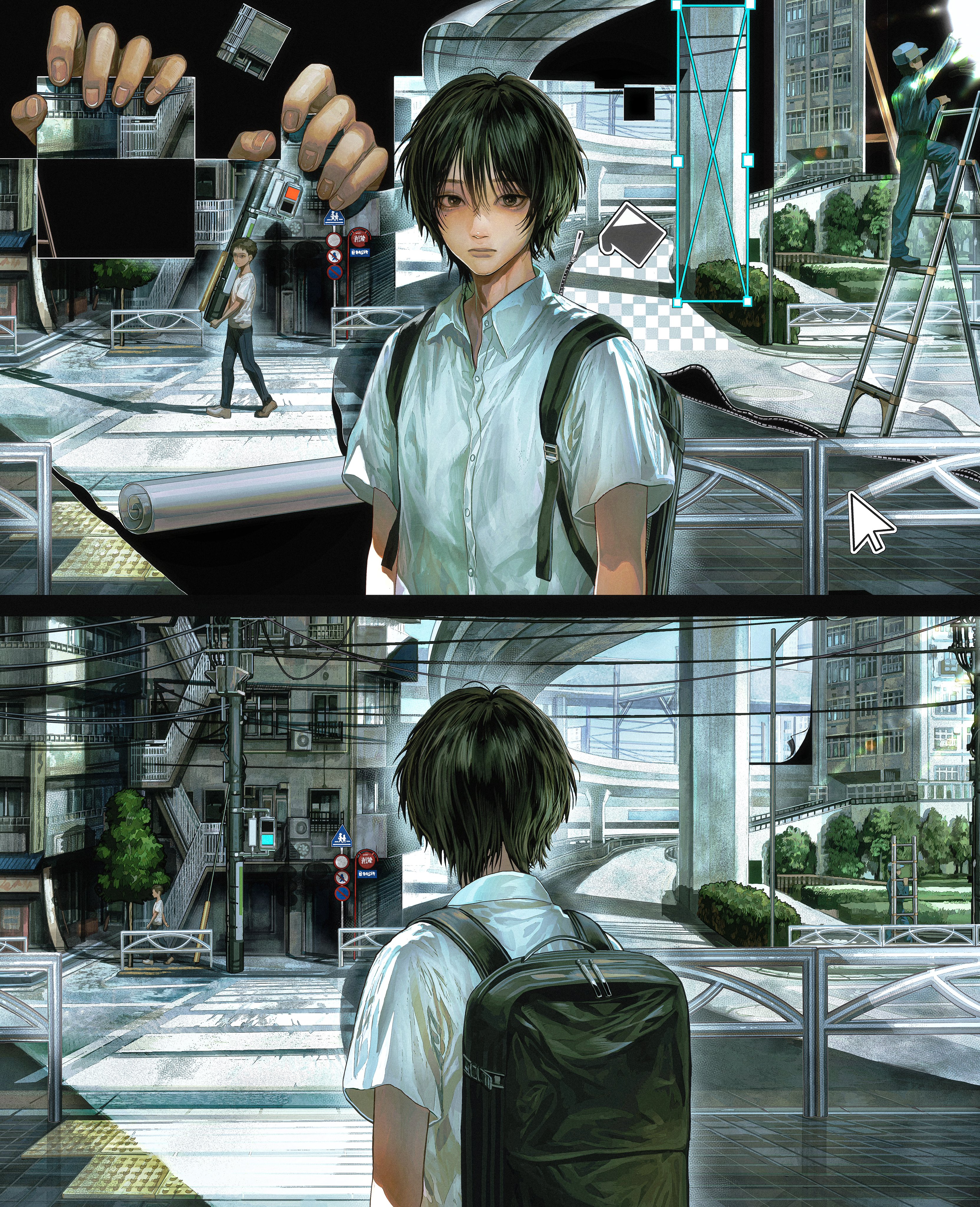 ikuta41, absurdres, character request, copyright request, highres, 3boys, bag, black eyes, black hair, building, buttons, closed mouth, collared shirt, crosswalk, cursor, day, expressionless, fingernails, ladder, lips, looking at viewer, male focus, multiple boys, outdoors, road, road sign, school bag, shirt, short sleeves, sign, street, sunlight, upper body, white shirt
