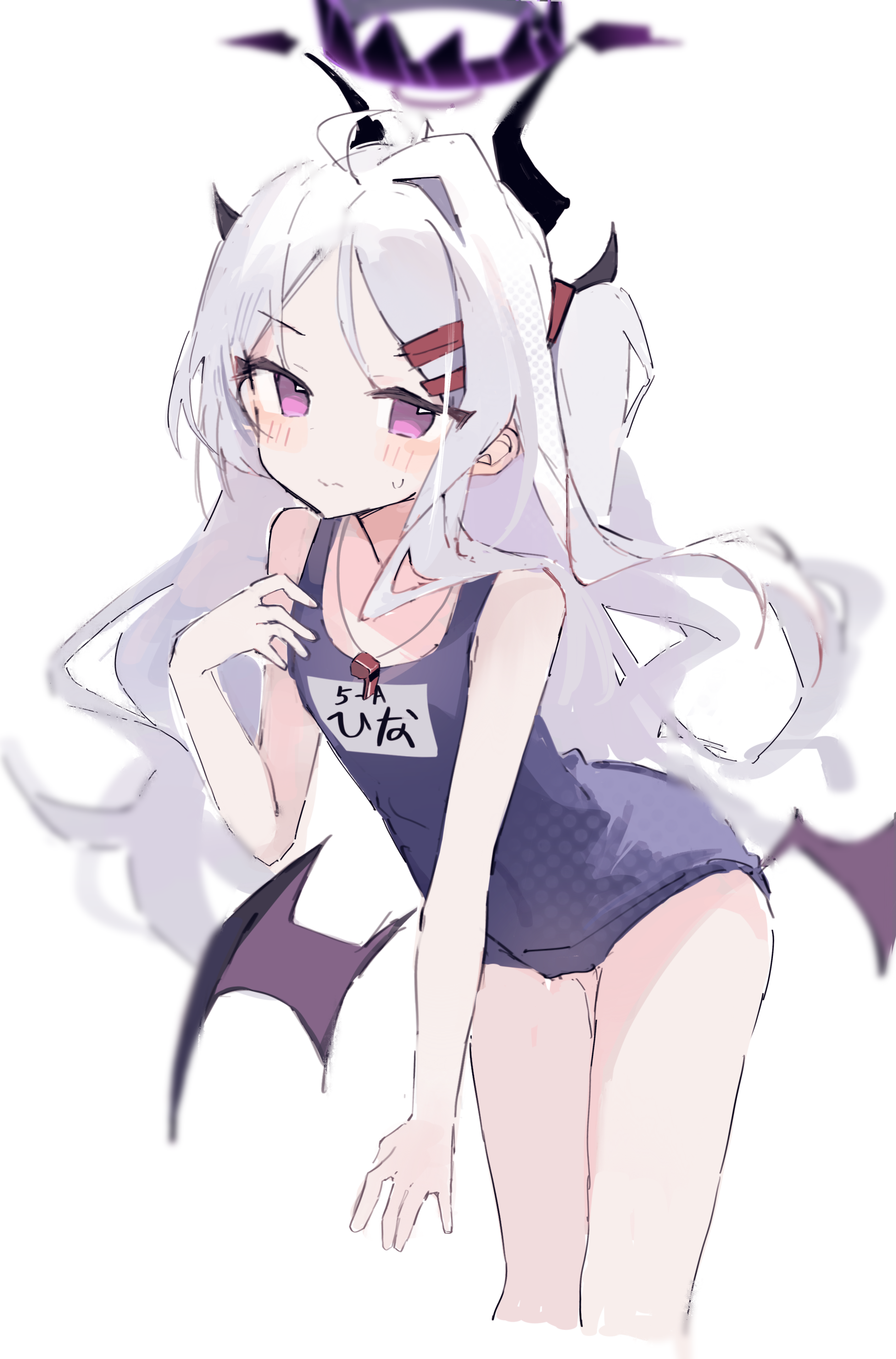 kiri y, hina (blue archive), hina (swimsuit) (blue archive), blue archive, absurdres, highres, 1girl, black halo, blush, demon girl, demon horns, demon wings, halo, horns, long hair, looking at viewer, low wings, old school swimsuit, purple eyes, school swimsuit, simple background, solo, standing, swimsuit, white background, white hair, wings