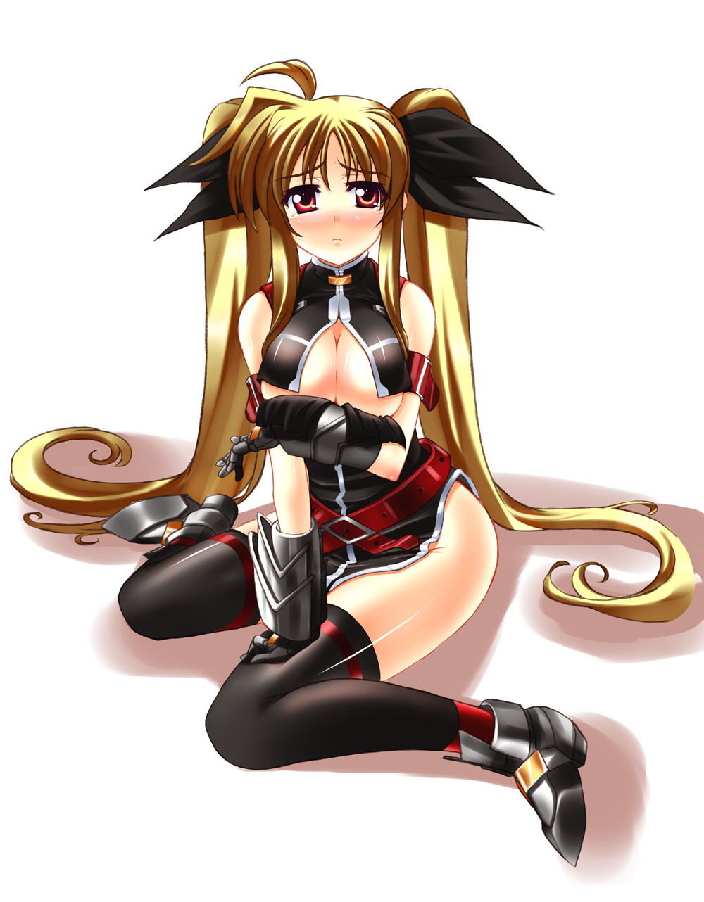 iga tamaki, fate testarossa, fate testarossa (true sonic form), lyrical nanoha, mahou shoujo lyrical nanoha, mahou shoujo lyrical nanoha strikers, breast hold, highres, 00s, 1girl, blonde hair, blush, breasts, cleavage, covering breasts, covering privates, female focus, large breasts, solo, tears, thighhighs, torn clothes