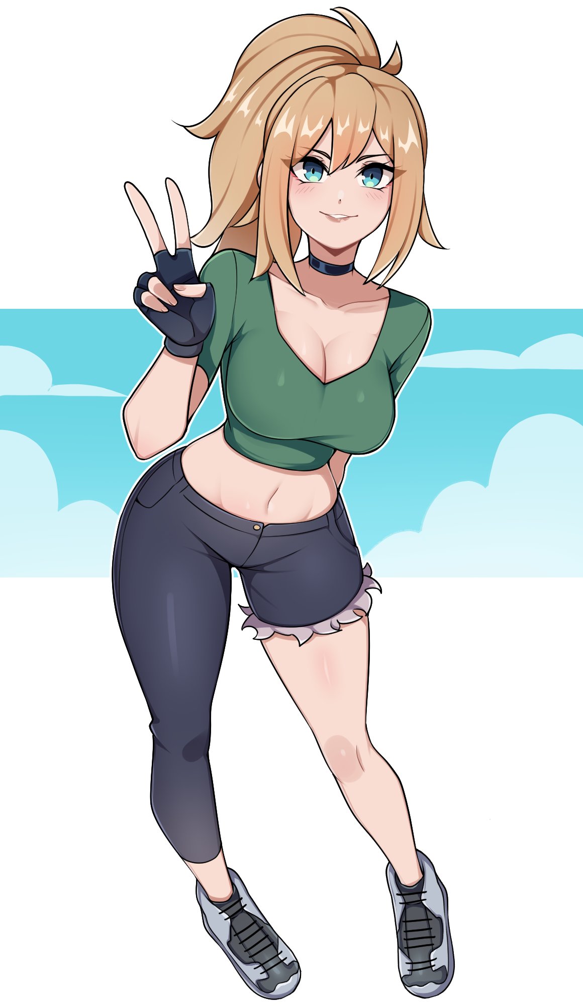 oninuer, original, commentary, commission, english commentary, highres, 1girl, asymmetrical legwear, asymmetrical pants, black choker, black gloves, black pants, blonde hair, blue eyes, breasts, choker, cleavage, collarbone, cropped shirt, double-parted bangs, fingerless gloves, full body, gloves, green shirt, grey shoes, hand up, large breasts, long hair, looking at viewer, midriff, pants, parted lips, shirt, shoes, short sleeves, smile, solo, standing, v
