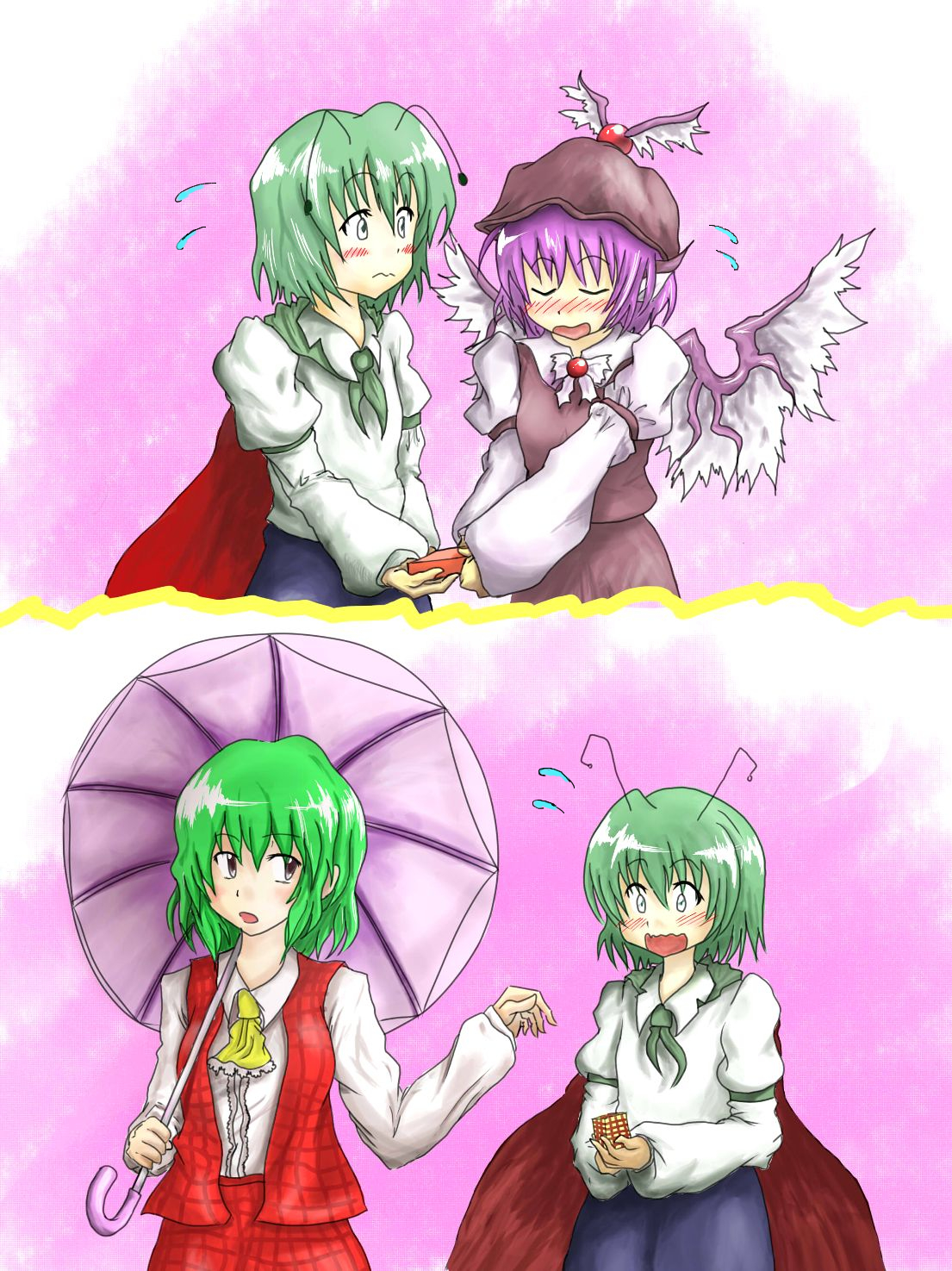 jr (flugel), kazami yuuka, mystia lorelei, wriggle nightbug, touhou, highres, 3girls, androgynous, antennae, ascot, blue eyes, blush, cape, female focus, gift, green hair, multiple girls, parasol, plaid clothes, plaid skirt, plaid vest, reverse trap, short hair, skirt, skirt set, sweatdrop, umbrella, valentine, vest, yuri