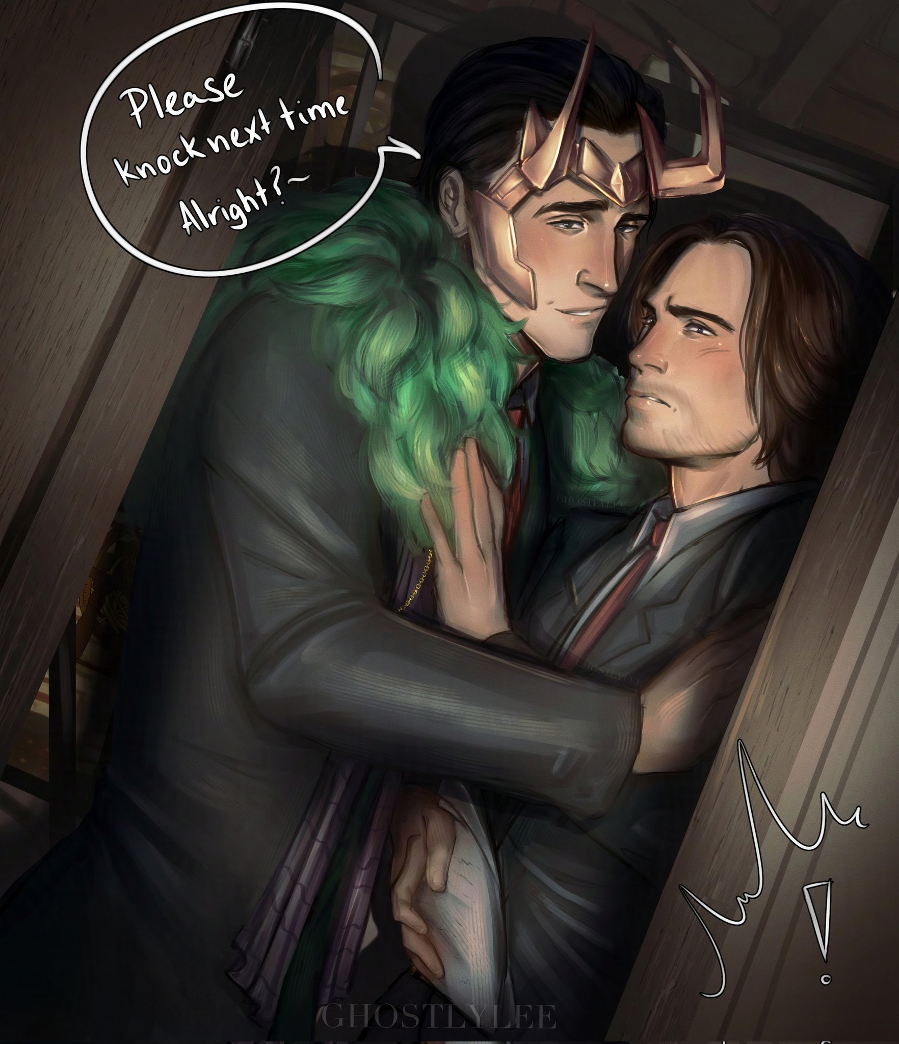 bucky barnes, loki (marvel), loki (presidential attire) (marvel), marvel, marvel rivals, thor (marvel) (series), commentary, english commentary, highres, !, 2boys, black hair, blue eyes, brown hair, couple, english text, facial hair, fake horns, formal clothes, fur-trimmed jacket, fur trim, ghostlylee, green eyes, green jacket, grey jacket, hair slicked back, hand on another's stomach, horned headwear, horns, interrupted, jacket, looking at viewer, male focus, multiple boys, necktie, official alternate costume, red necktie, shirt, short hair, smile, upper body, white shirt, yaoi