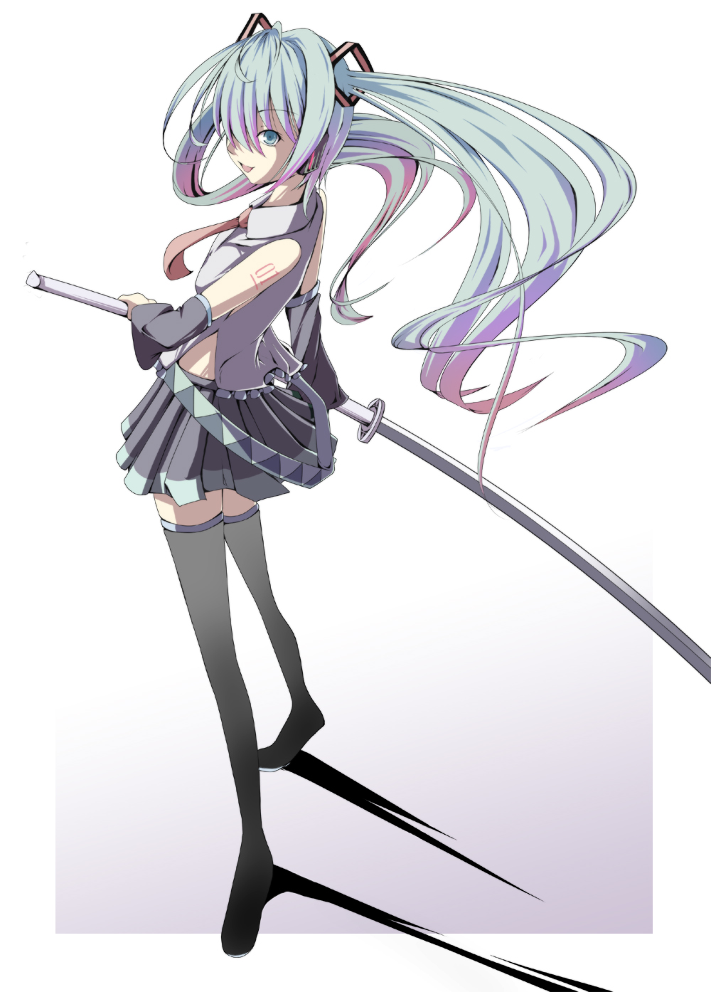 gumitaroo, hatsune miku, vocaloid, highres, green eyes, green hair, legs, long hair, skirt, solo, sword, thighhighs, twintails, weapon