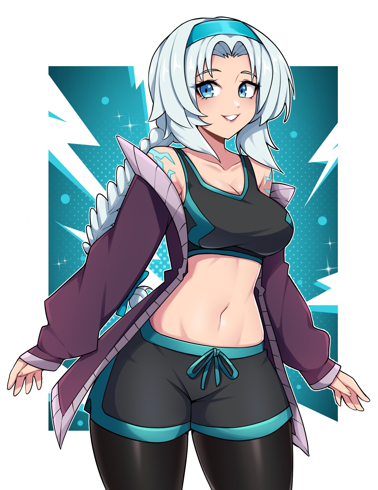 oninuer, original, commentary, commission, english commentary, highres, 1girl, bare shoulders, black pantyhose, black shorts, black sports bra, blue background, blue eyes, blue hairband, border, braid, braided ponytail, breasts, cleavage, collarbone, cowboy shot, hairband, jacket, large breasts, long hair, long sleeves, looking at viewer, navel, open clothes, open jacket, outside border, pantyhose, parted bangs, purple jacket, short shorts, shorts, smile, solo, sports bra, stomach, white border, white hair