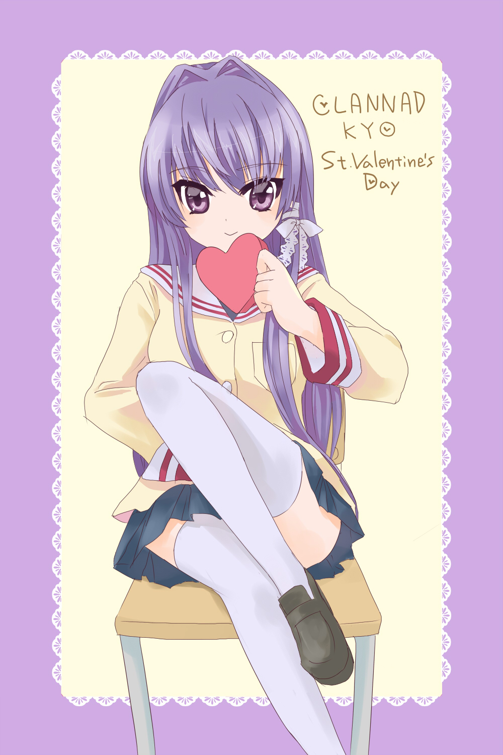 furuchoko, fujibayashi kyou, clannad, highres, 00s, heart, long hair, purple eyes, purple hair, school uniform, solo, thighhighs, valentine