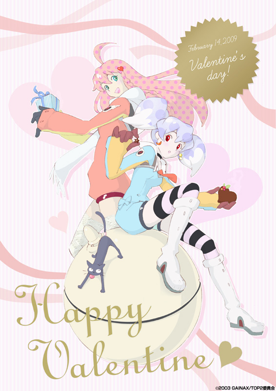 chiko, nono (top wo nerae 2!), tycho science, top wo nerae! (series), top wo nerae 2!, striped legwear, 00s, blue eyes, boots, gainaxtop, pink hair, purple hair, red eyes, striped clothes, striped thighhighs, thighhighs