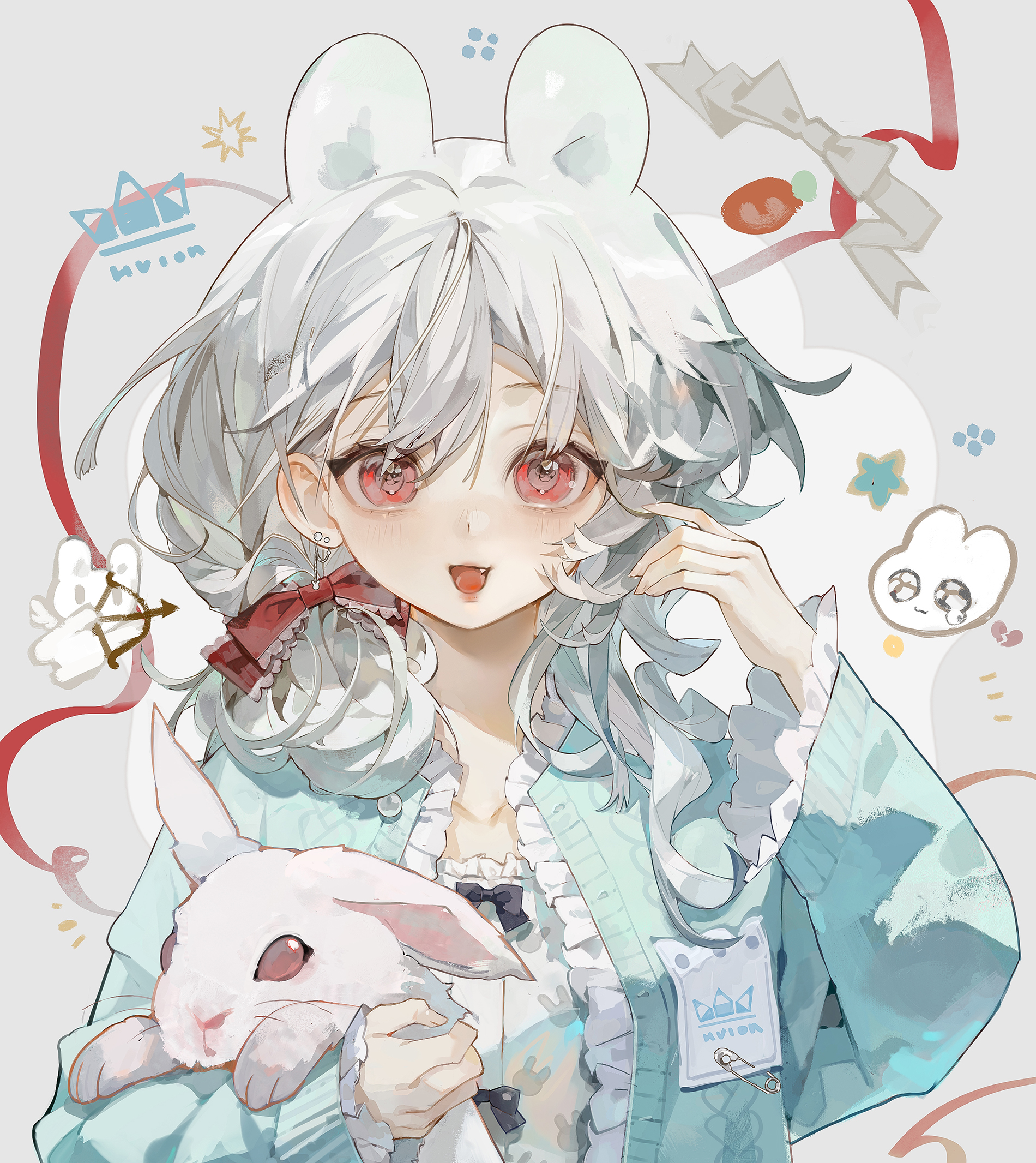 yeej chan, original, highres, 1girl, aegyo sal, animal, animal ears, black bow, blue jacket, blush, bow, collarbone, ear piercing, eyelashes, fingernails, frills, hair between eyes, happy, jacket, long hair, long sleeves, looking at viewer, open mouth, piercing, rabbit, rabbit ears, rabbit girl, red bow, red eyes, red ribbon, ribbon, solo, tongue, upper body, white bow, white hair