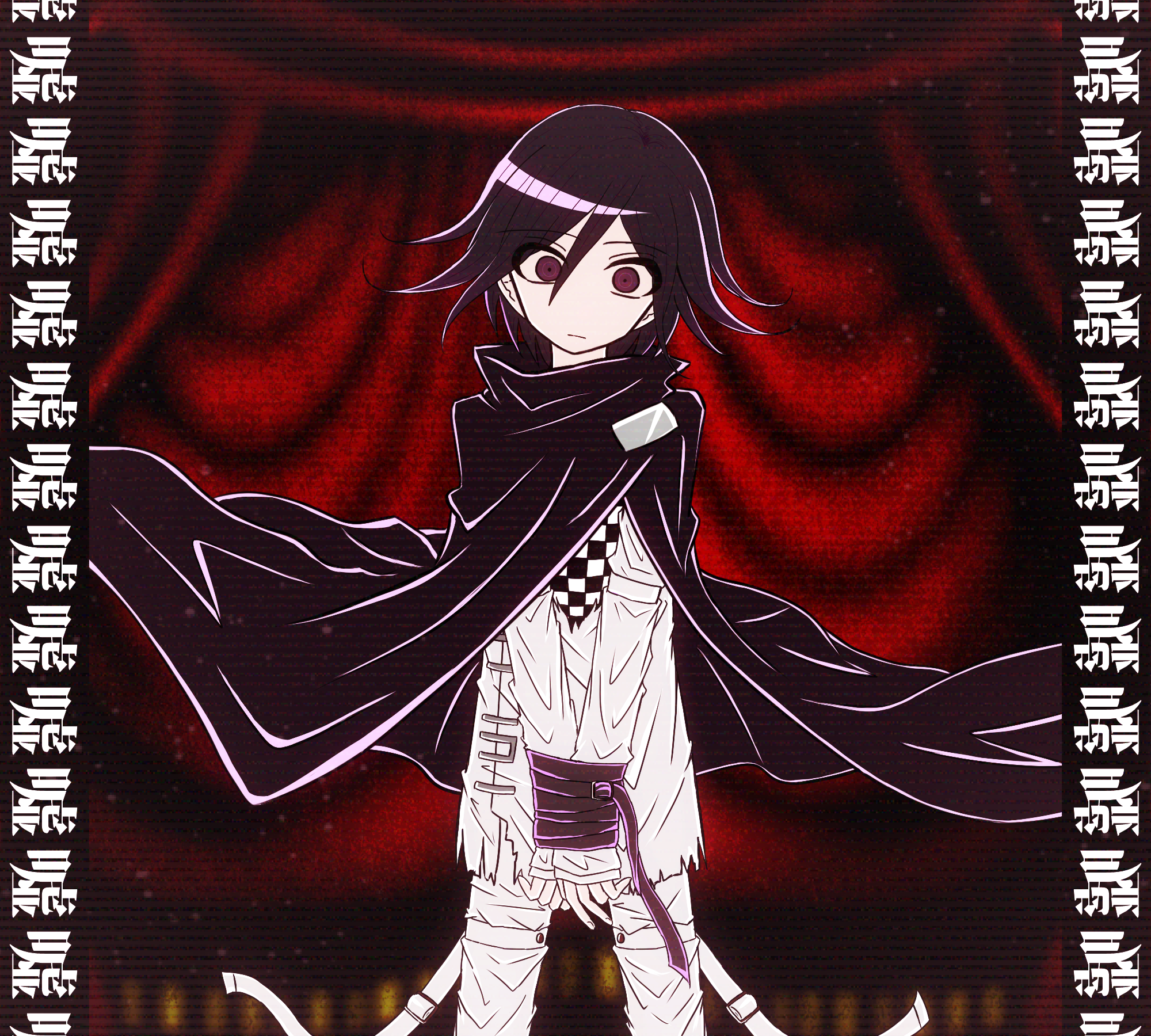 oma kokichi, danganronpa (series), danganronpa v3: killing harmony, commentary request, highres, 1boy, ange14816, black cape, bound, bound wrists, cape, checkered clothes, checkered scarf, closed mouth, cowboy shot, flipped hair, hair between eyes, long sleeves, looking at viewer, male focus, no nose, pants, purple eyes, purple hair, scarf, serious, short hair, solo, standing, thigh strap, two-tone scarf, wide-eyed