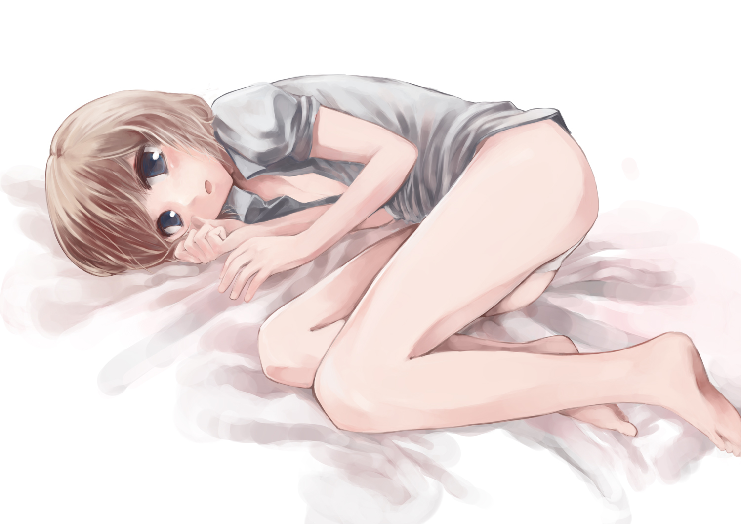 pino (birthdayparty), pino (pixiv), alice margatroid, touhou, 1girl, barefoot, bottomless, brown hair, feet, female focus, fetal position, gradient background, no pants, open clothes, open shirt, panties, shirt, short hair, solo, underwear, white background