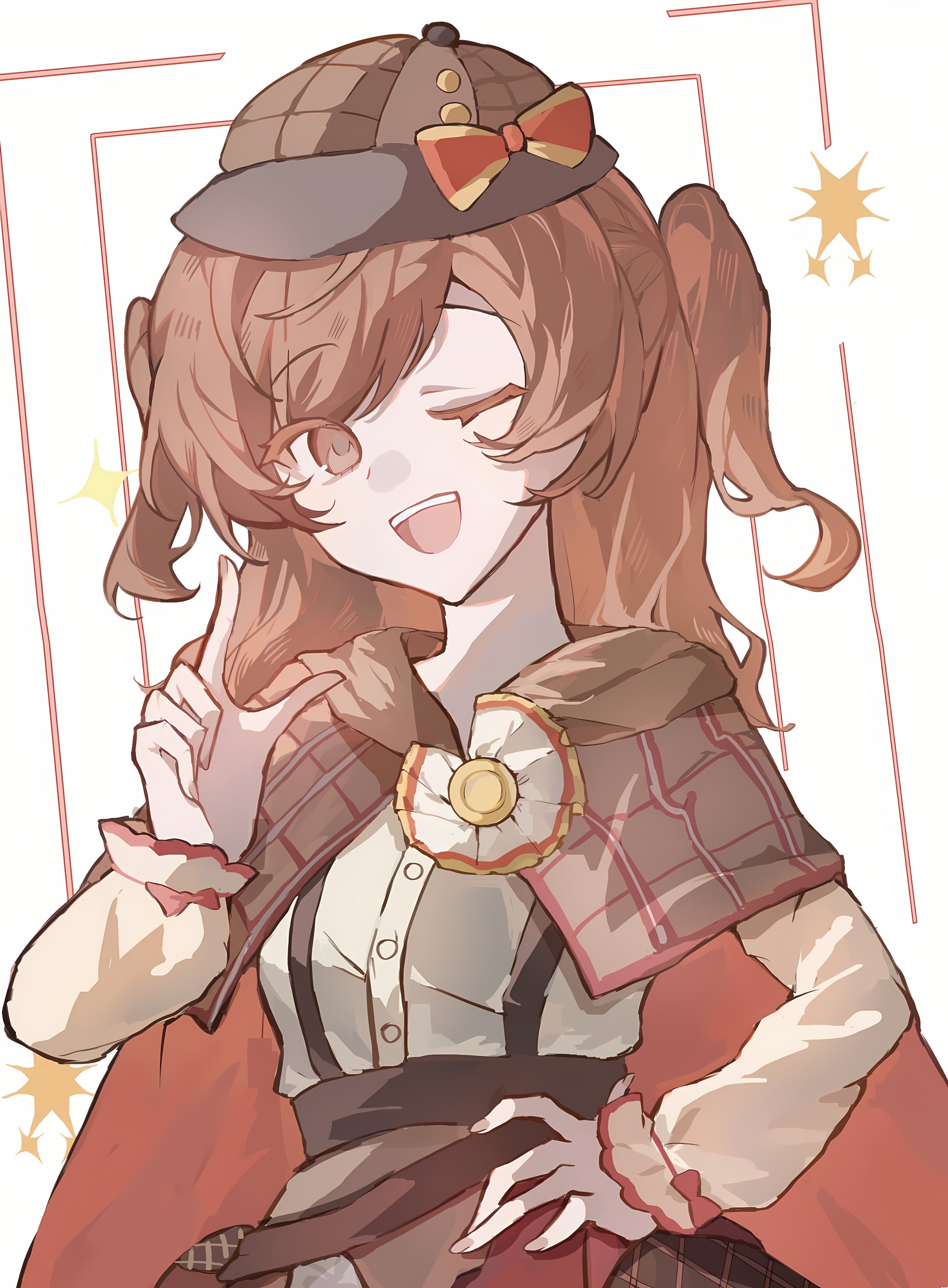 aijou karen, sherlock holmes, shoujo kageki revue starlight, shoujo kageki revue starlight -re live-, the adventures of sherlock holmes, absurdres, commentary, hashtag-only commentary, highres, 1girl, :d, bow, brown cape, brown hair, brown hat, brown shirt, buttons, cape, cockade, cosplay, deerstalker, frilled sleeves, frills, hand on own hip, hand up, harumi154682112, hat, hat bow, inset border, l hand, long sleeves, looking at viewer, medium hair, official alternate costume, one eye closed, open mouth, parted bangs, plaid cape, plaid clothes, red bow, red cape, sherlock holmes (cosplay), shirt, sleeve bow, smile, solo, sparkle, star (symbol), striped bow, suspenders, teeth, two-sided cape, two-sided fabric, two side up, upper body, upper teeth only, white background, yellow bow