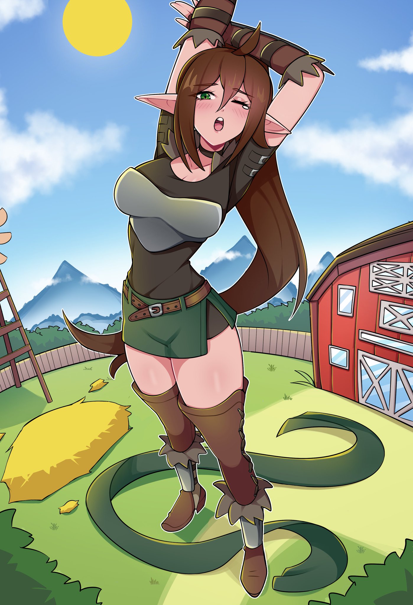 oninuer, original, commentary, commission, english commentary, highres, 1girl, ahoge, armor, arms up, belt, belt buckle, black choker, black shirt, blue sky, boots, breastplate, breasts, brown belt, brown boots, brown hair, buckle, choker, cloud, day, double-parted bangs, farm, full body, giant, giantess, grass, green eyes, green skirt, hair between eyes, large breasts, long hair, looking at viewer, miniskirt, on grass, one eye closed, open mouth, outdoors, pointy ears, shirt, skirt, sky, solo, standing, stretching, sun, thigh boots, thighs, velverelle (bak3nator), yawning