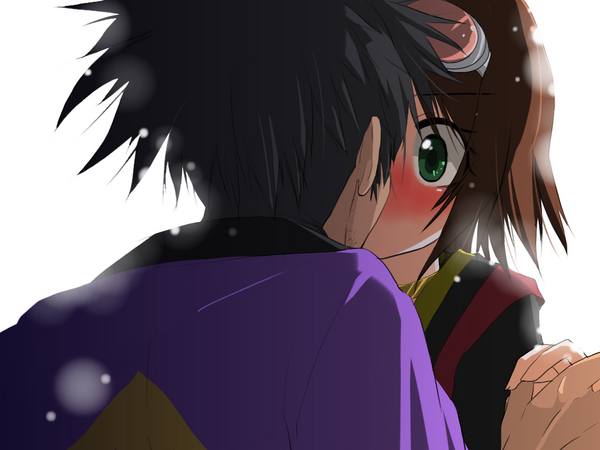 raven (tales), rita mordio, tales of (series), tales of vesperia, 00s, 1boy, 1girl, black hair, blush, brown hair, goggles, goggles on head, green eyes, hetero, holding hands, kiss, looking at another, ponytail, short hair, simple background, white background
