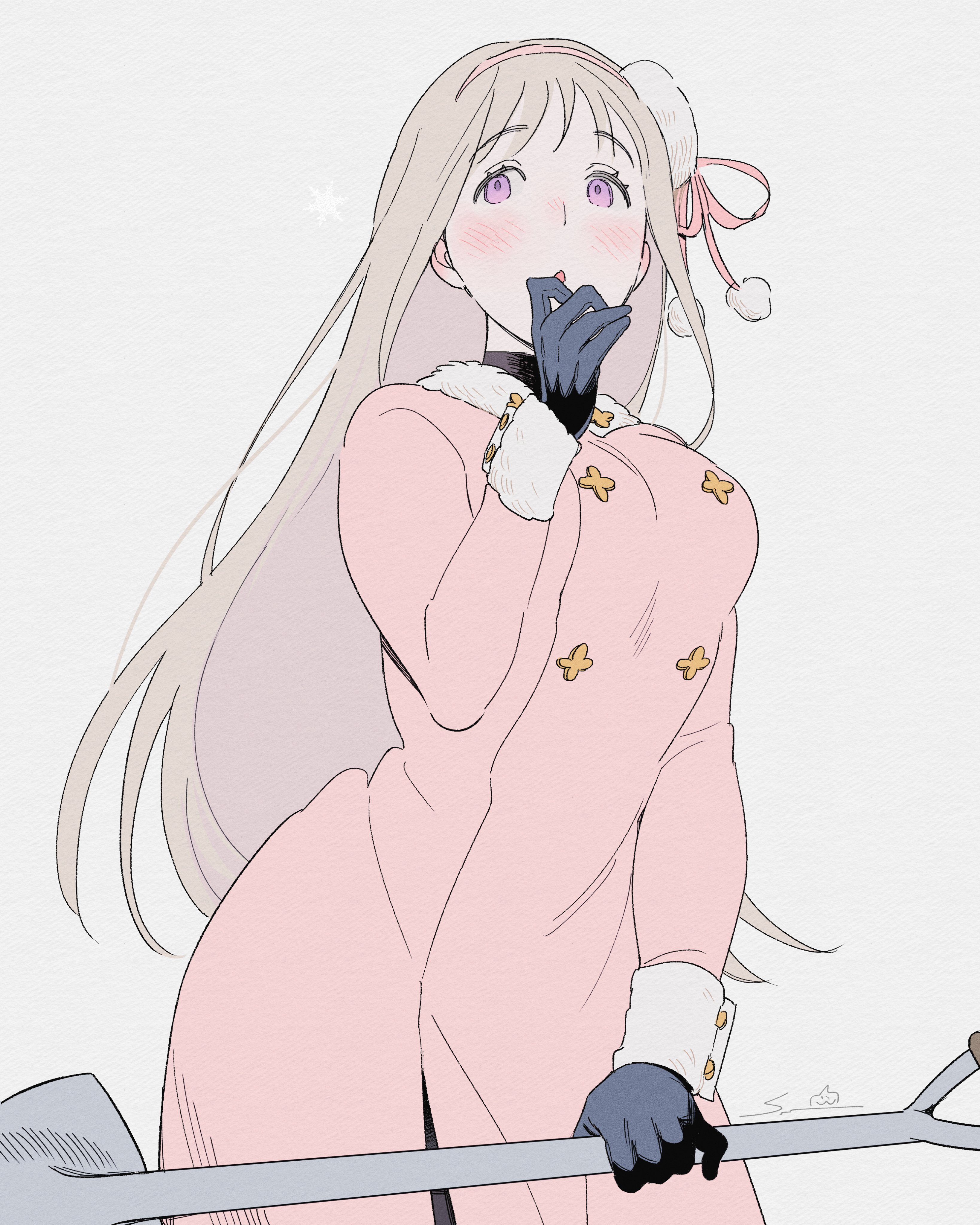 qia li, russia (hetalia), axis powers hetalia, absurdres, commentary, highres, symbol-only commentary, 1girl, black gloves, blonde hair, blush, breasts, buttons, colored inner hair, cowboy shot, dress, fur-trimmed dress, fur-trimmed sleeves, fur hat, fur trim, genderswap, genderswap (mtf), gloves, hairband, hand on own chin, hand up, hat, holding, holding shovel, large breasts, long hair, long sleeves, mini hat, multicolored hair, open mouth, pink dress, pink hairband, pink ribbon, pom pom (clothes), purple eyes, purple hair, ribbon, russia (female) (hetalia), shovel, simple background, solo, standing, white background, white hat