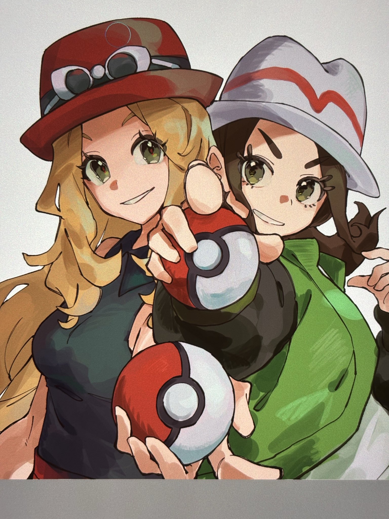 asatte 3z, harmony (pokemon), serena (pokemon), nintendo, pokemon, pokemon xy, highres, 2girls, blonde hair, breasts, brown hair, eyewear on headwear, green eyes, green jacket, grin, hat, holding, holding poke ball, jacket, long hair, long sleeves, looking at viewer, multiple girls, open clothes, open jacket, open mouth, poke ball, poke ball (basic), red hat, red skirt, shirt, short hair, simple background, skirt, sleeveless, sleeveless shirt, smile, sunglasses, upper body, white-framed eyewear, white hat, white shirt