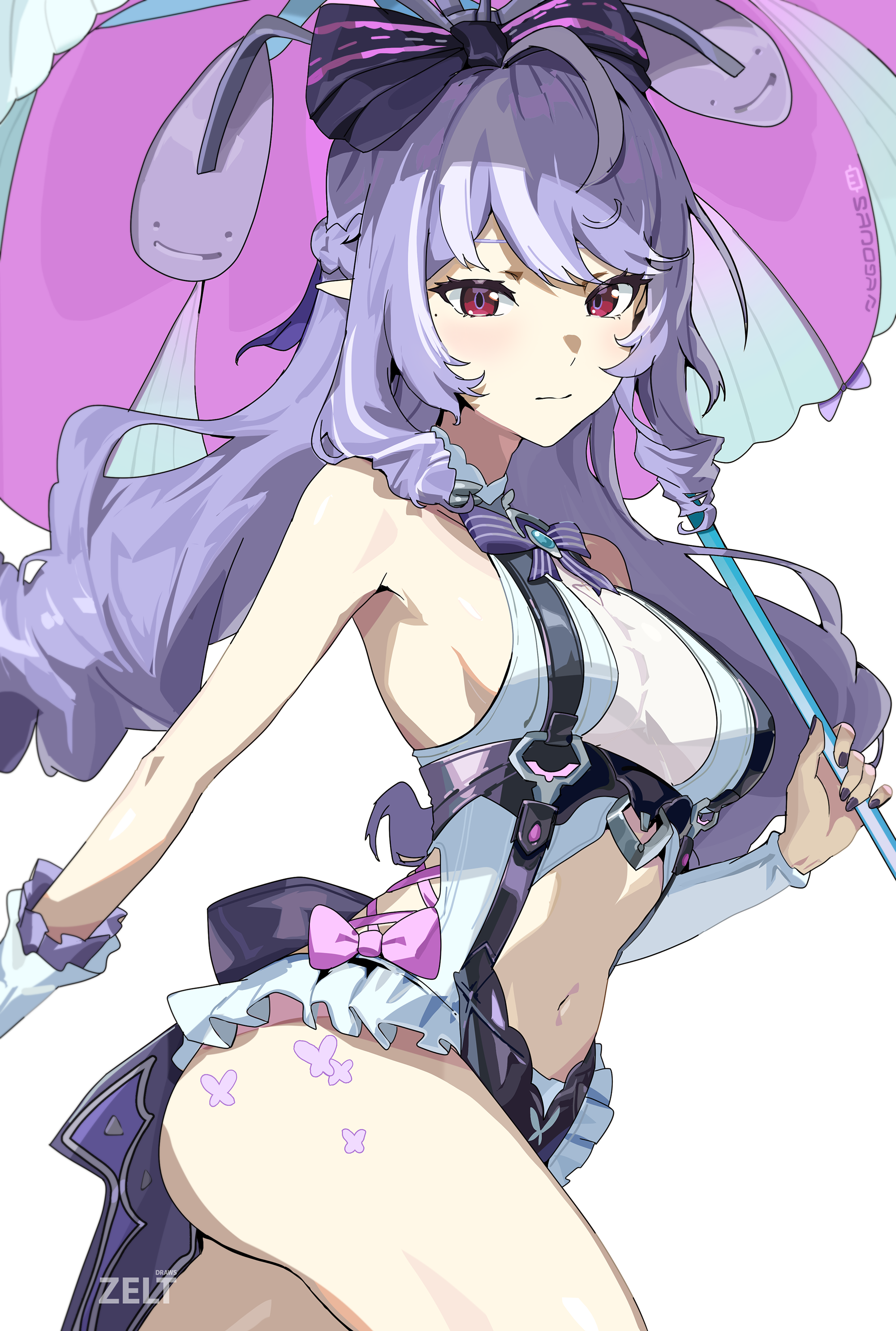 zelt, vivian banshee, vivian banshee (iris of the shore), zenless zone zero, absurdres, commentary, highres, 1girl, artist name, bare shoulders, black nails, bow, breasts, casual one-piece swimsuit, closed mouth, clothing cutout, cowboy shot, fingernails, hair bow, holding, holding umbrella, light blush, long hair, looking at viewer, medium breasts, multicolored hair, nail polish, official alternate costume, one-piece swimsuit, parasol, pointy ears, purple bow, purple hair, red eyes, sideboob, sidelocks, simple background, solo, stomach cutout, streaked hair, swimsuit, thighs, umbrella, white background, white one-piece swimsuit