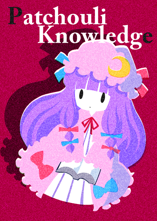 karaagetarou, patchouli knowledge, touhou, photoshop (medium), 1girl, bow, character name, crescent hat ornament, female focus, hat, hat ornament, long hair, pink bow, purple hair, solo