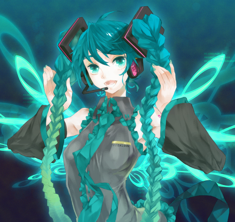 k ototo, hatsune miku, vocaloid, 1girl, alternate hairstyle, aqua eyes, aqua hair, aqua nails, bare shoulders, braid, detached sleeves, female focus, headset, long hair, nail polish, necktie, solo, twin braids, very long hair