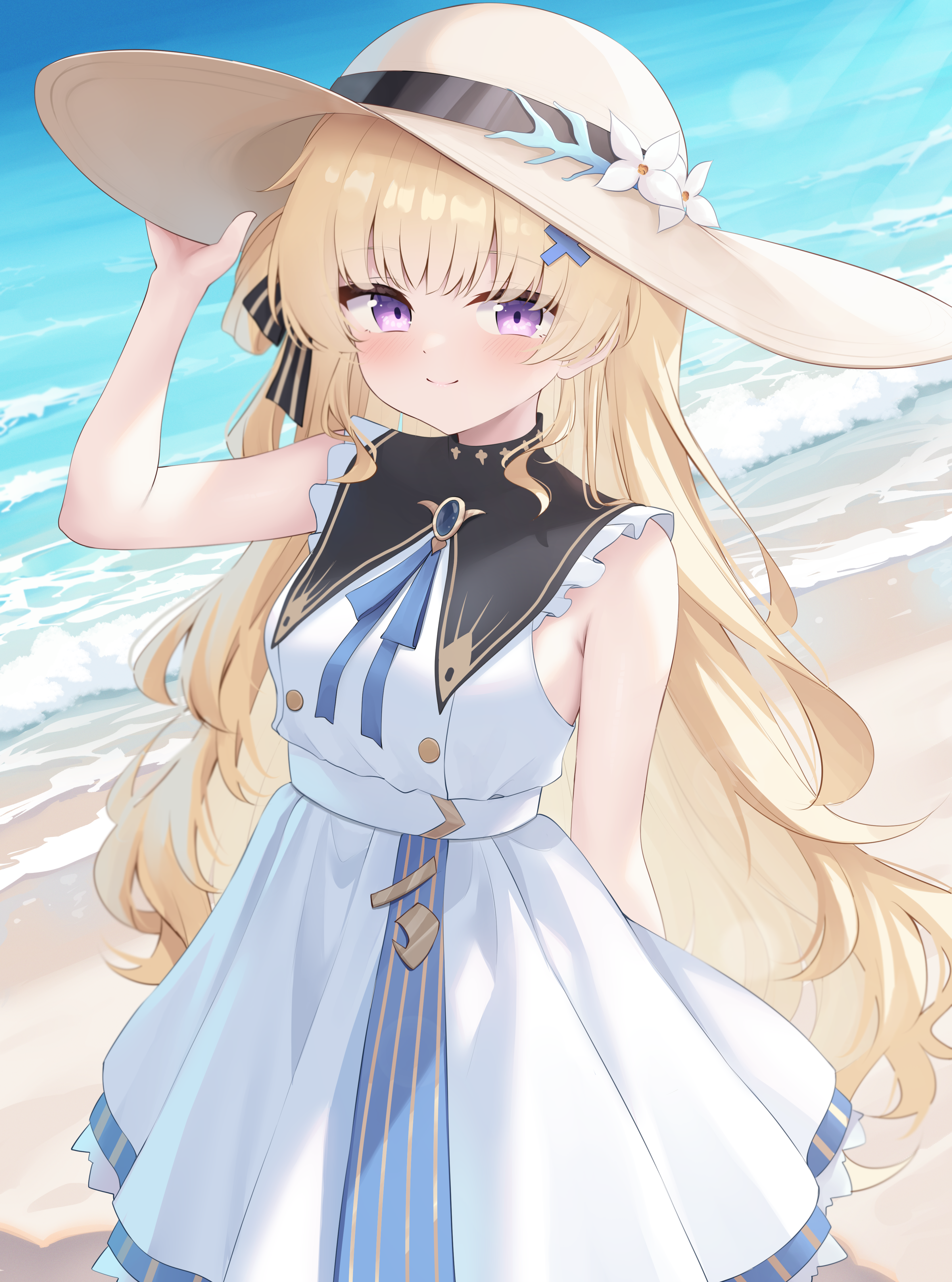 kianata, phoebe (wuthering waves), wuthering waves, absurdres, commentary, highres, 1girl, adapted costume, alternate costume, bare shoulders, black collar, blonde hair, blush, breasts, brown hat, closed mouth, collar, dress, hair ornament, hand on own hat, hat, long hair, medium breasts, outdoors, shore, sleeveless, sleeveless dress, smile, solo, very long hair, white dress, x hair ornament