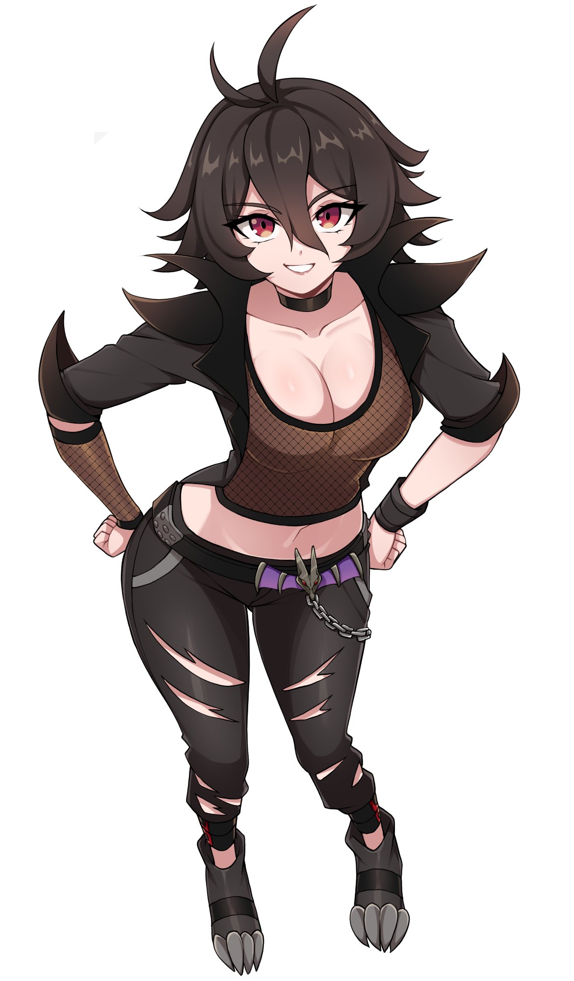 oninuer, original, commentary, commission, english commentary, highres, 1girl, antenna hair, black choker, black hair, black jacket, black pants, black shoes, breasts, choker, cleavage, collarbone, crop top, detached sleeves, double-parted bangs, fishnet sleeves, fishnet top, fishnets, full body, hair between eyes, hands on own hips, jacket, large breasts, looking at viewer, medium hair, midriff, open clothes, open jacket, pants, red eyes, shoes, simple background, single detached sleeve, smile, solo, standing, torn clothes, torn pants, white background