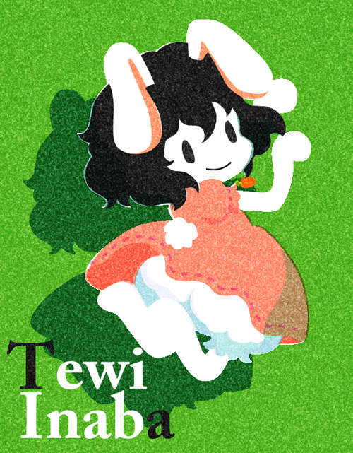 karaagetarou, inaba tewi, touhou, 1girl, animal ears, black hair, bloomers, carrot, character name, female focus, full body, rabbit ears, rabbit girl, rabbit tail, short hair, smile, solo, tail, underwear