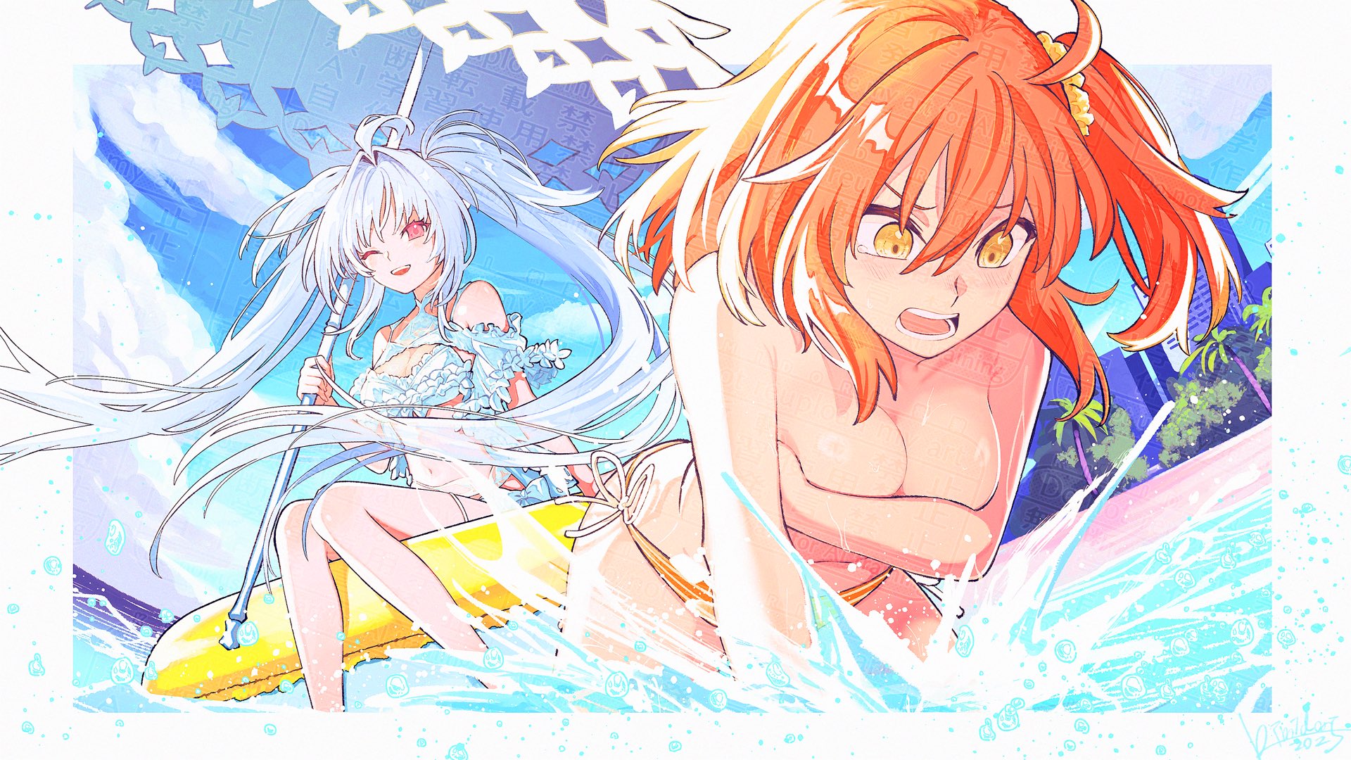 kimidorix32, fujimaru ritsuka (female), fujimaru ritsuka (female) (brilliant summer), lady avalon (fate), lady avalon (second ascension) (fate), merlin (fate/prototype), fate/grand order, fate (series), highres, ahoge, bare shoulders, bikini, bikini bottom only, breasts, cleavage, covering breasts, covering privates, frilled bikini, frills, hair ornament, hair scrunchie, holding, long hair, looking at viewer, medium breasts, multiple girls, official alternate costume, one side up, orange bikini, orange eyes, orange hair, orange scrunchie, parasol, purple eyes, scrunchie, side-tie bikini bottom, smile, string bikini, swimsuit, topless female, umbrella, very long hair, wardrobe malfunction, white bikini, white hair, white umbrella, yellow scrunchie