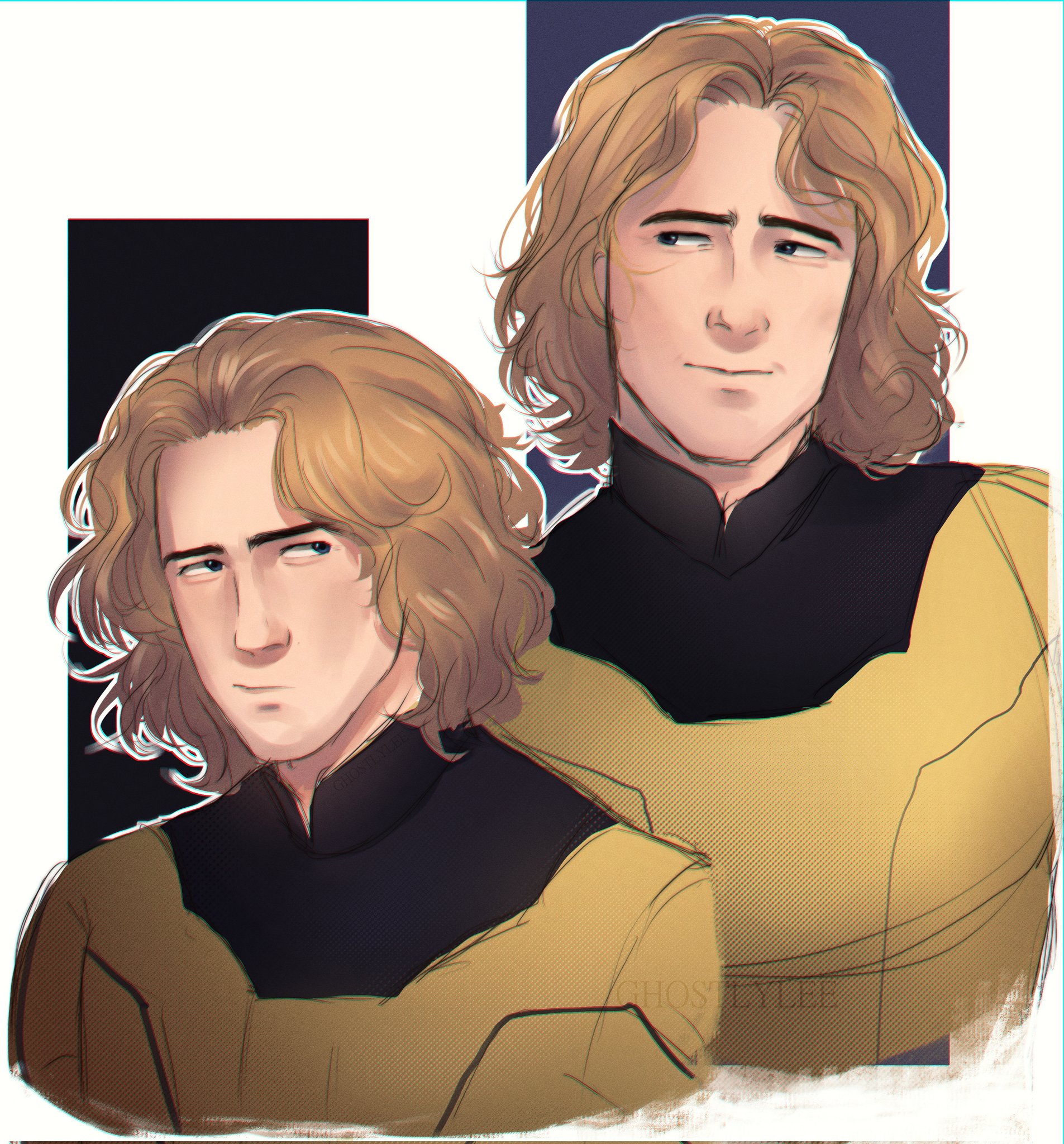 sentry (marvel), marvel, thunderbolts (movie), commentary, english commentary, highres, 1boy, armor, artist name, black background, blonde hair, blue eyes, ghostlylee, gold armor, looking to the side, male focus, medium hair, multiple views, sketch, solo focus, superhero costume, upper body, white background