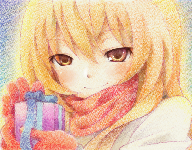 gofu, aisaka taiga, toradora!, md5 mismatch, traditional media, 00s, 1girl, blonde hair, female focus, gift, gloves, holding, holding gift, portrait, scarf, smile, solo, valentine, yellow eyes