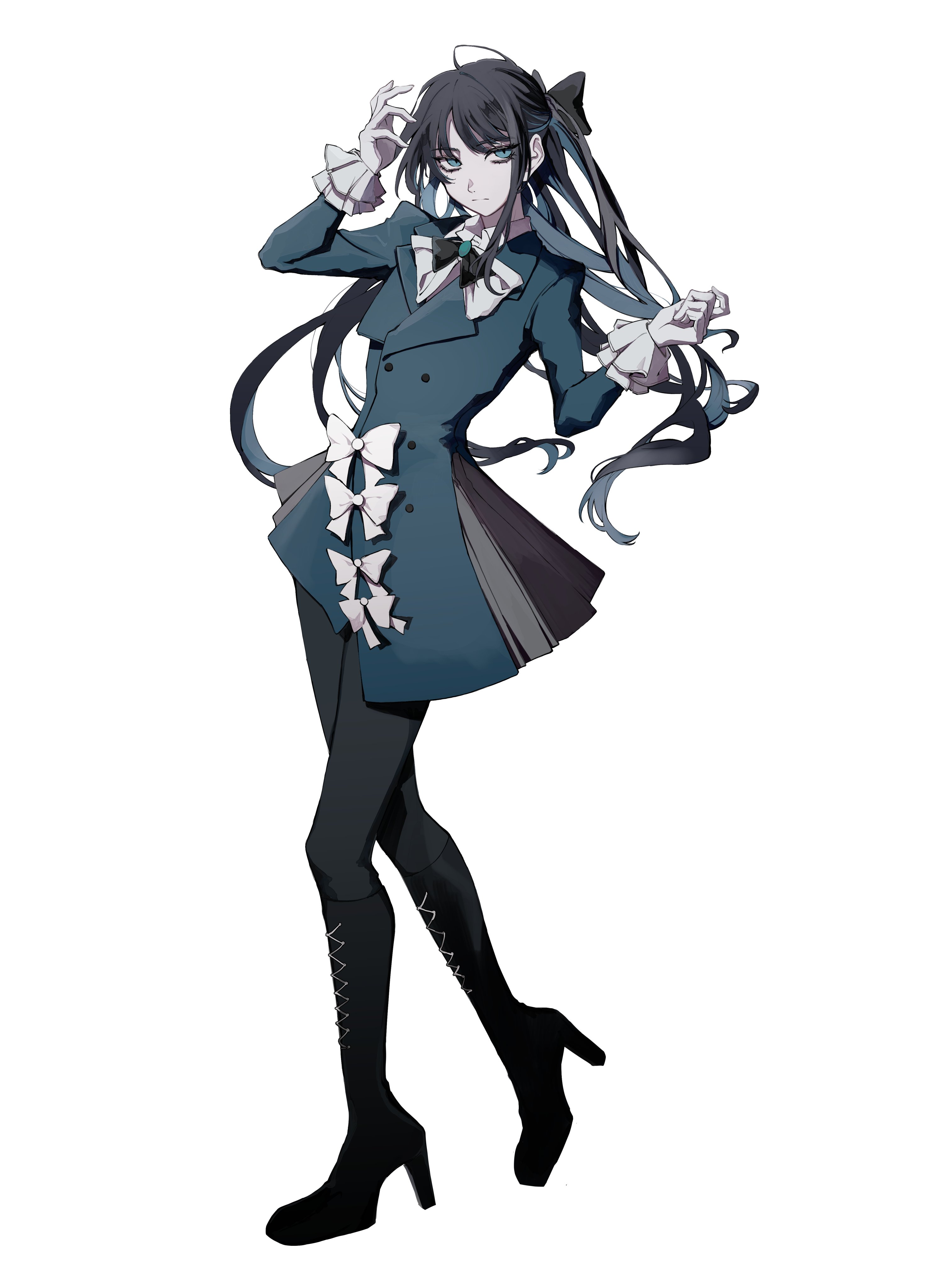 orihara (ewkkyorhr), chando (ado), ado (utaite), absurdres, commentary request, highres, merchandise available, official art, 1girl, black boots, black bow, black bowtie, black hair, black pantyhose, blue eyes, blue hair, blue jacket, boots, bow, bowtie, closed mouth, full body, gloves, hair bow, half updo, high heel boots, high heels, jacket, long hair, mole, mole under eye, pantyhose, simple background, solo, utaite, white background, white gloves